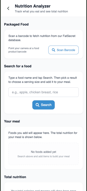 App screenshot showing nutrition analyzer