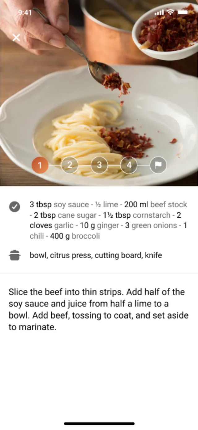 App screenshot showing cooking steps