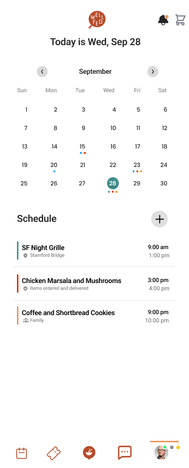 App screenshot showing meal planning calendar