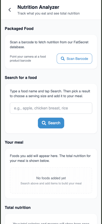 App screenshot showing nutrition analyzer